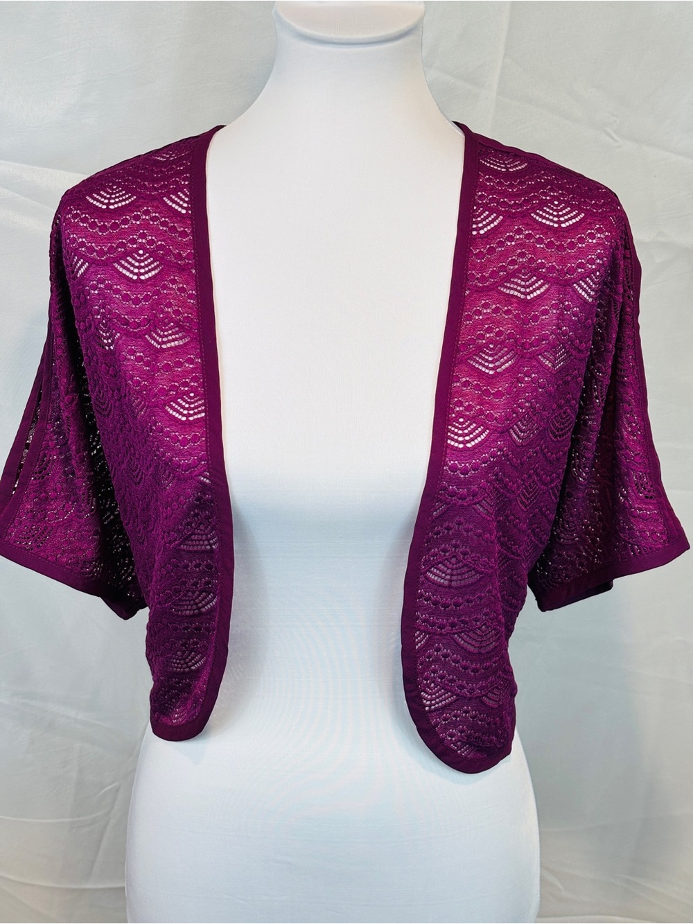 Colleen Lopez Purple Lace Bolero Shrug Cardigan Medium HSN Open Front